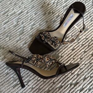 Bruno Magli heeled sandals. Brown leather and pony hair